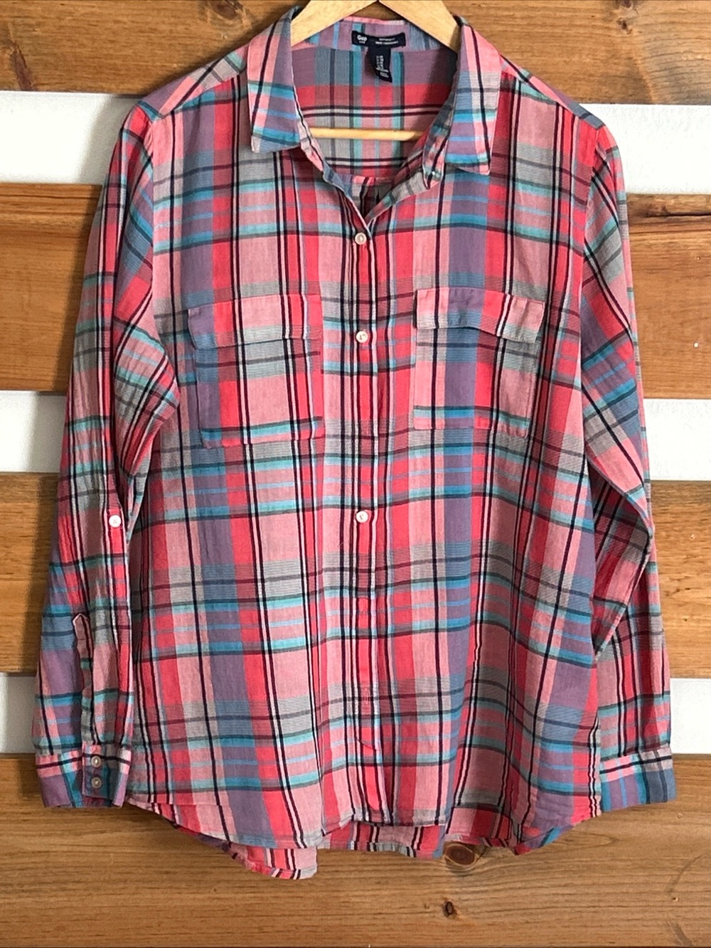 Gap Long Sleeve Plaid Button Down Boyfriend Fit 100% Cotton Western Size XL